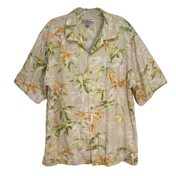 Tommy Bahama - Men's Vintage Hawaiian Floral Silk Short Sleeve Shirt, Size L Tan